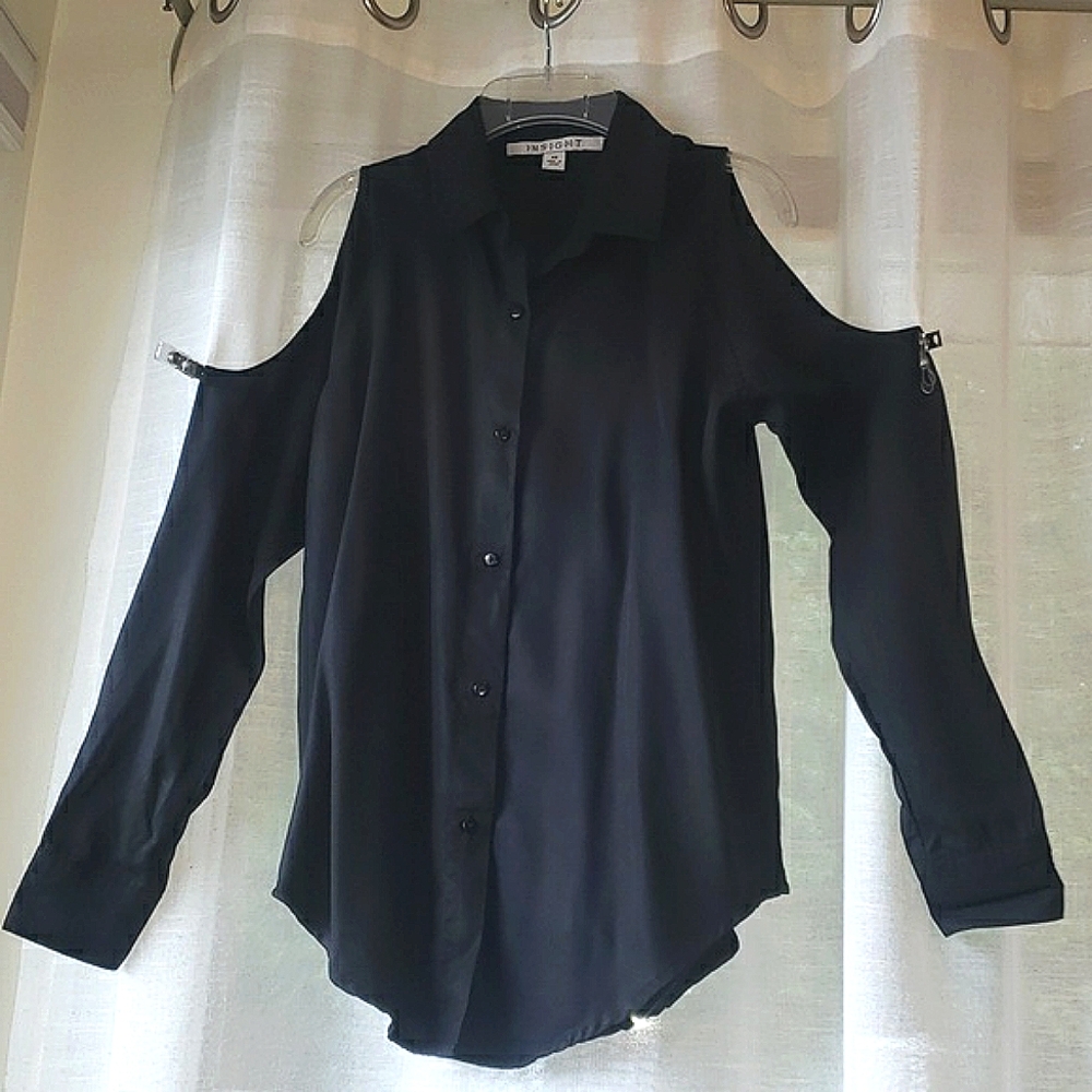 Black button down cold shoulder blouse by Insight